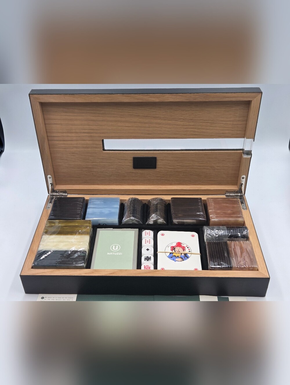 New In The Box Natuzzi poker executive card display set featuring a wood
